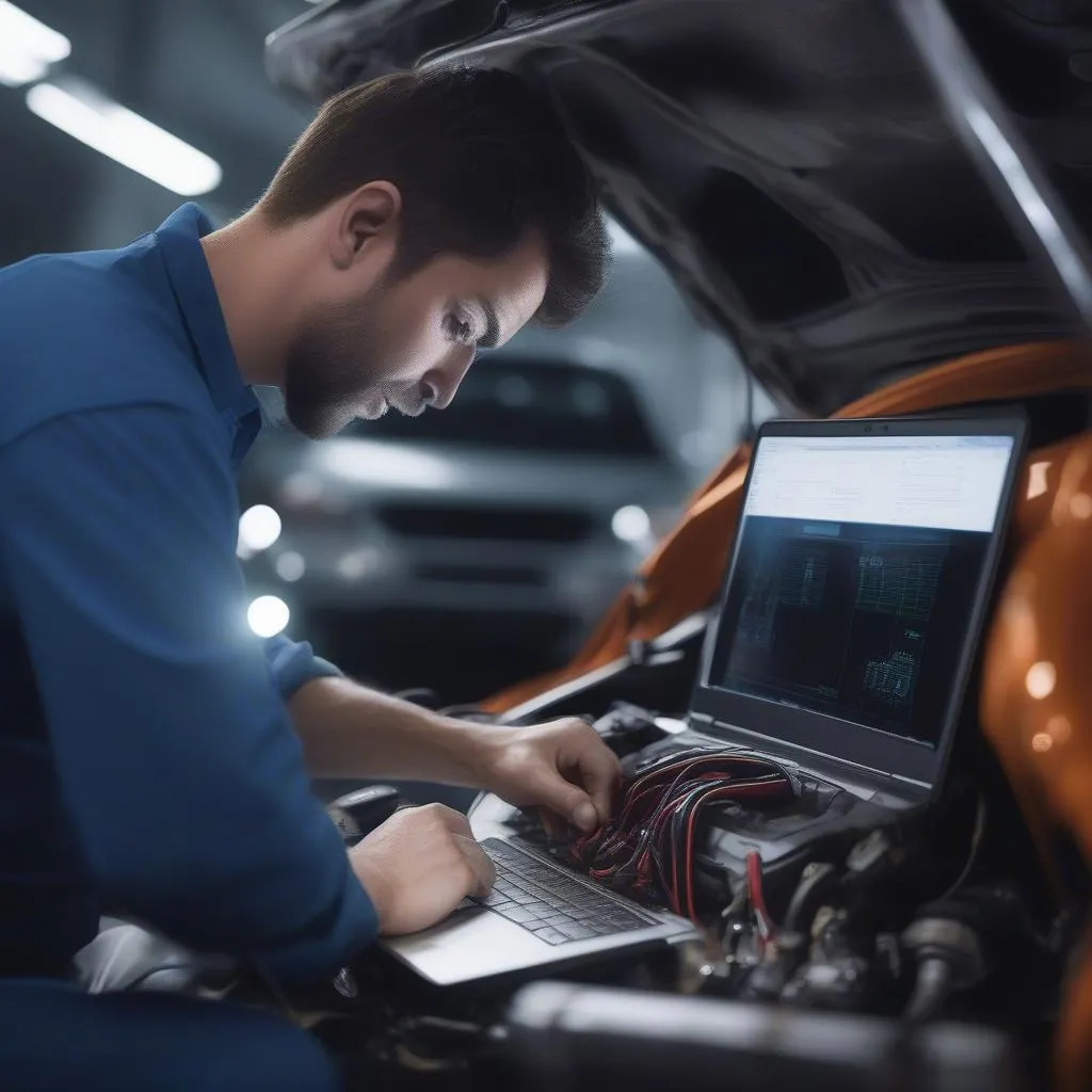 Mechanic Analyzing Car Engine Diagnostics