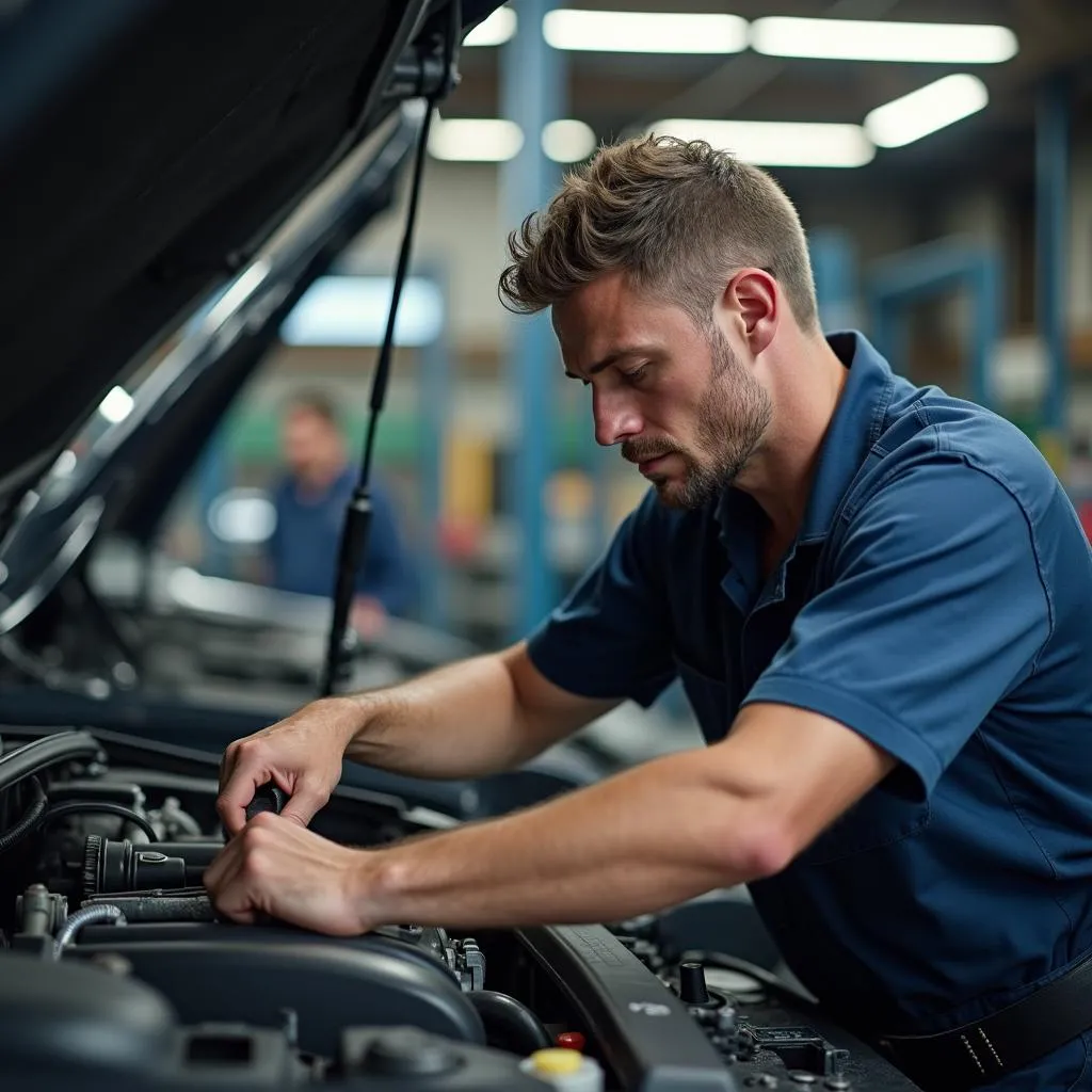 Mechanic Ignoring Distractions While Working on a Car Engine