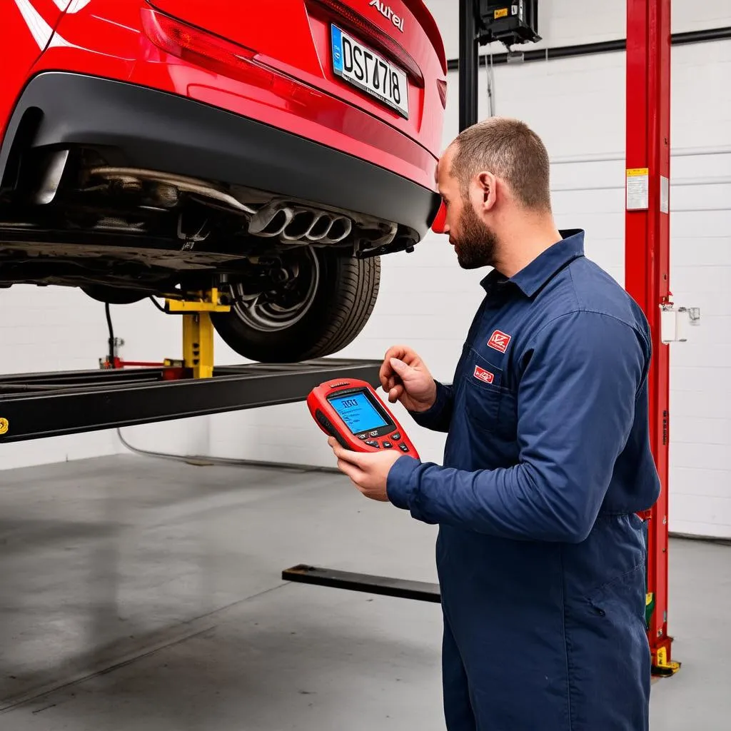 Mechanic using Autel DS708 scanner on a car