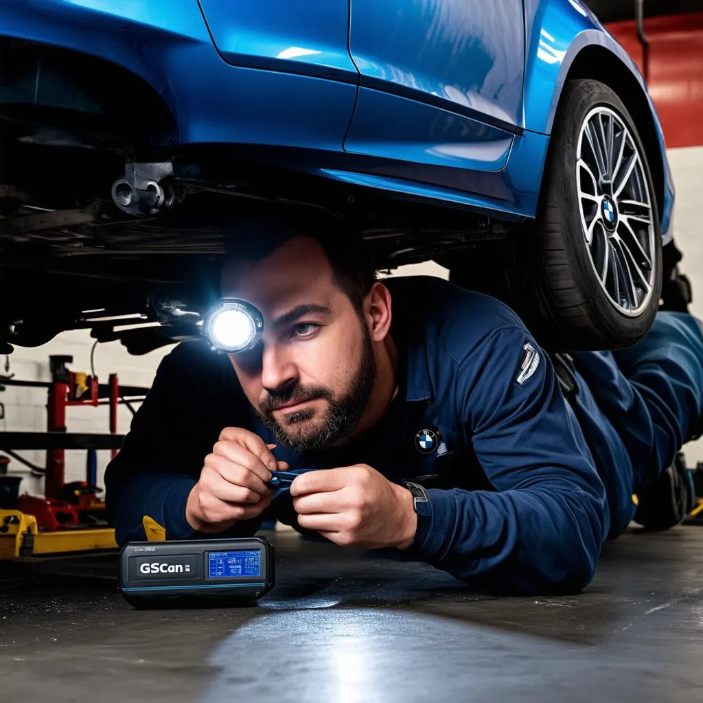 Mechanic using a GScan scan tool to diagnose a car problem