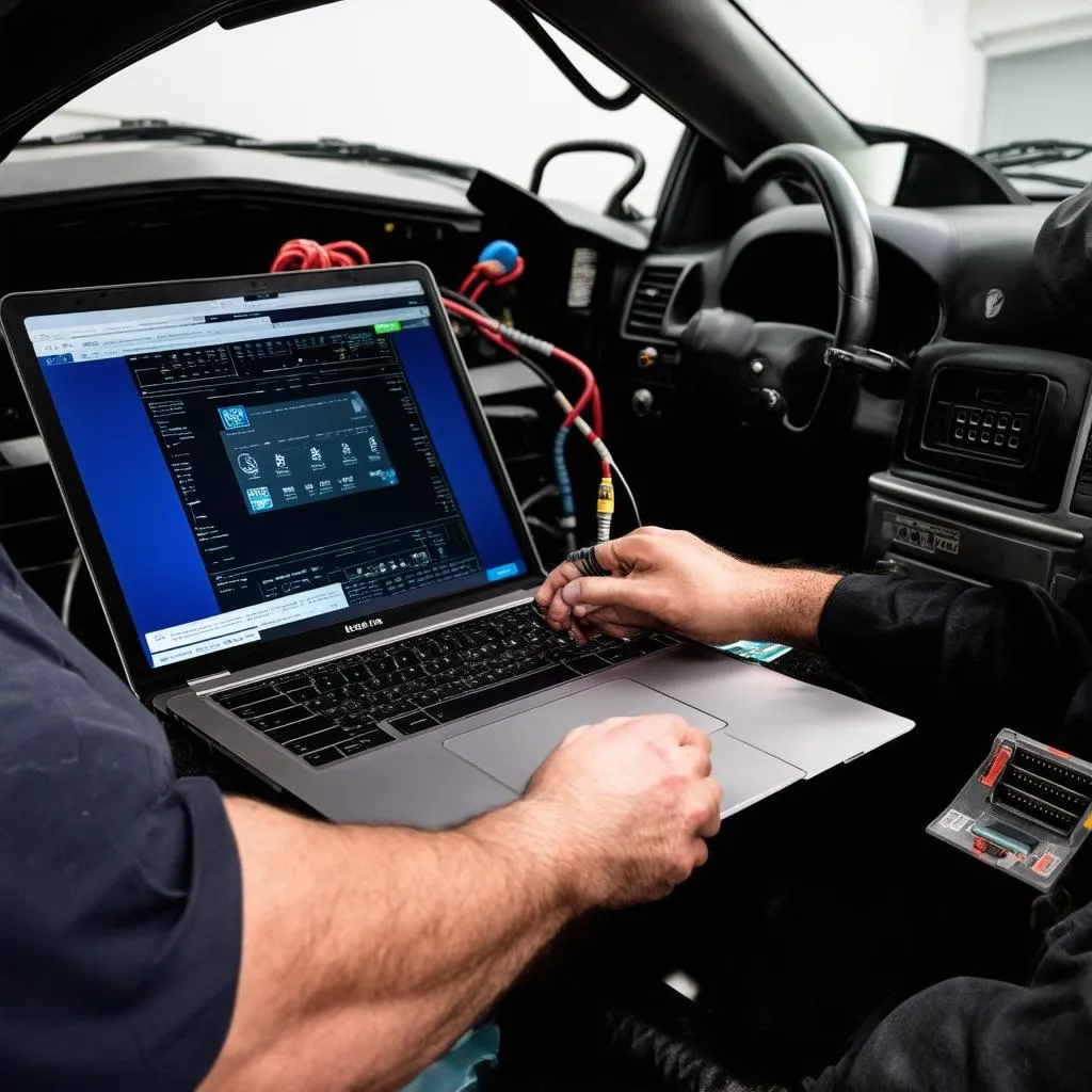 Mechanic Working on Car with Laptop