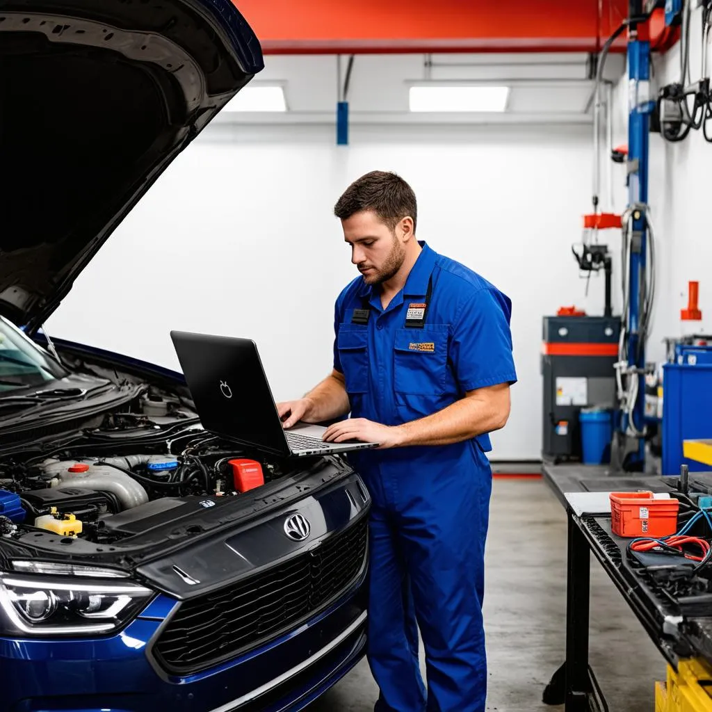 Mechanic using a laptop and diagnostic tools to troubleshoot a car problem.