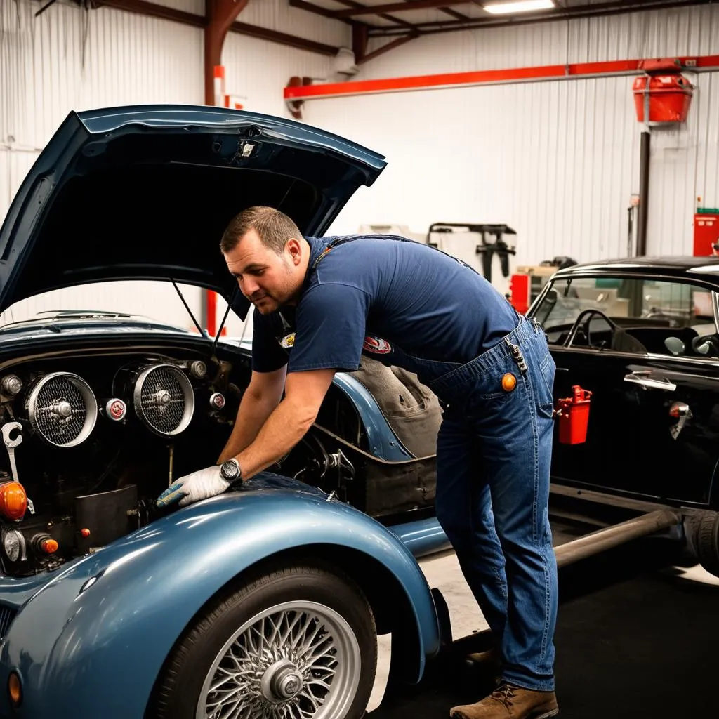 Mechanic working on a vintage Morgan