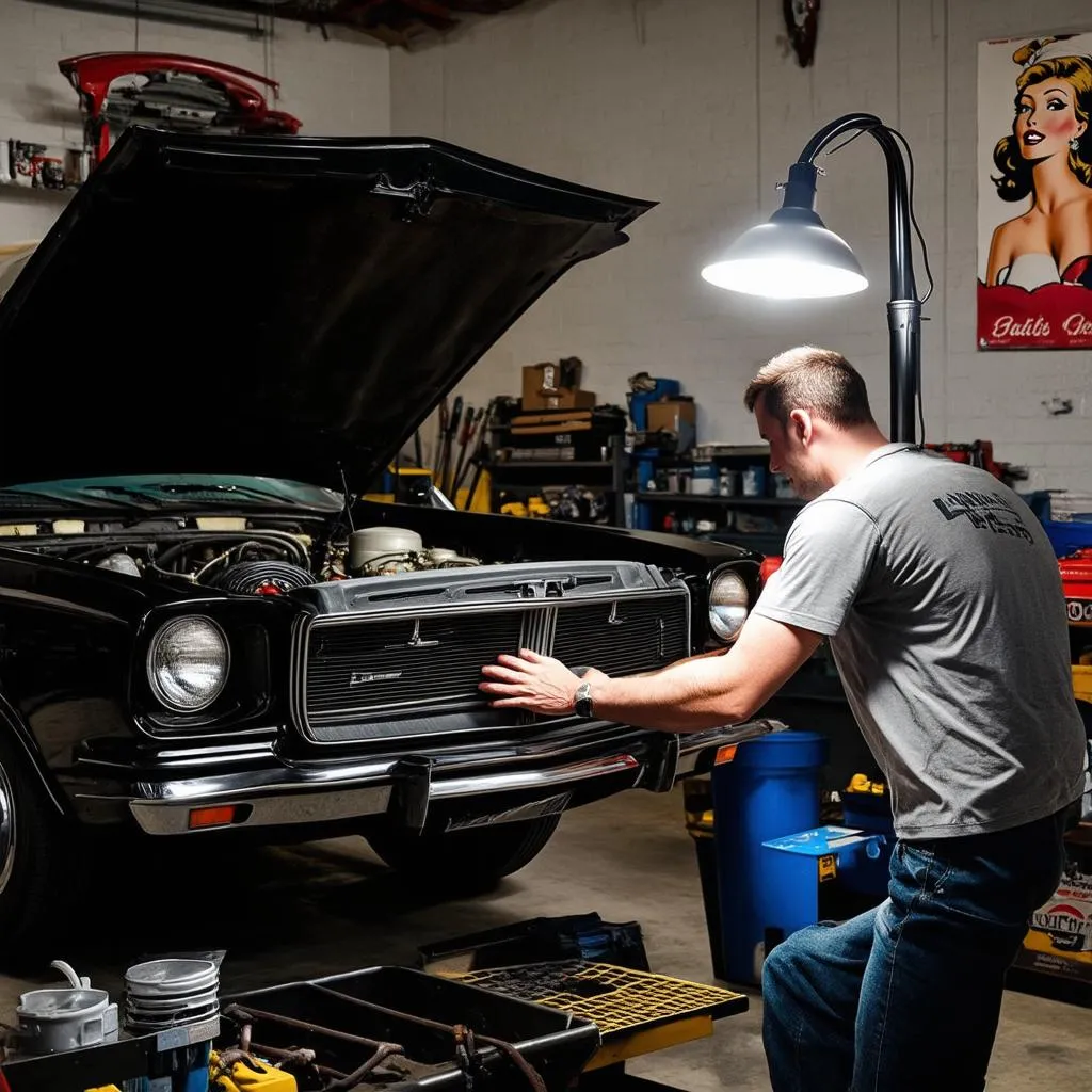 Mechanic Working on Classic Car Engine