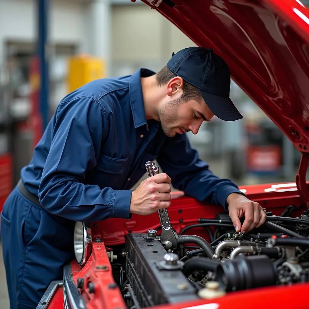 Experienced mechanic repairing a classic car's engine