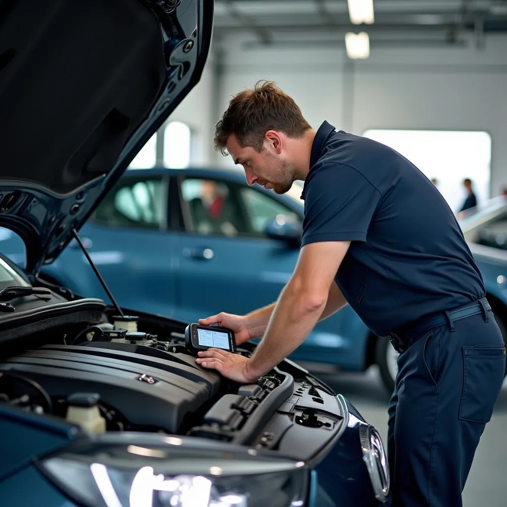 Mechanic Inspecting a Compact German Car Engine