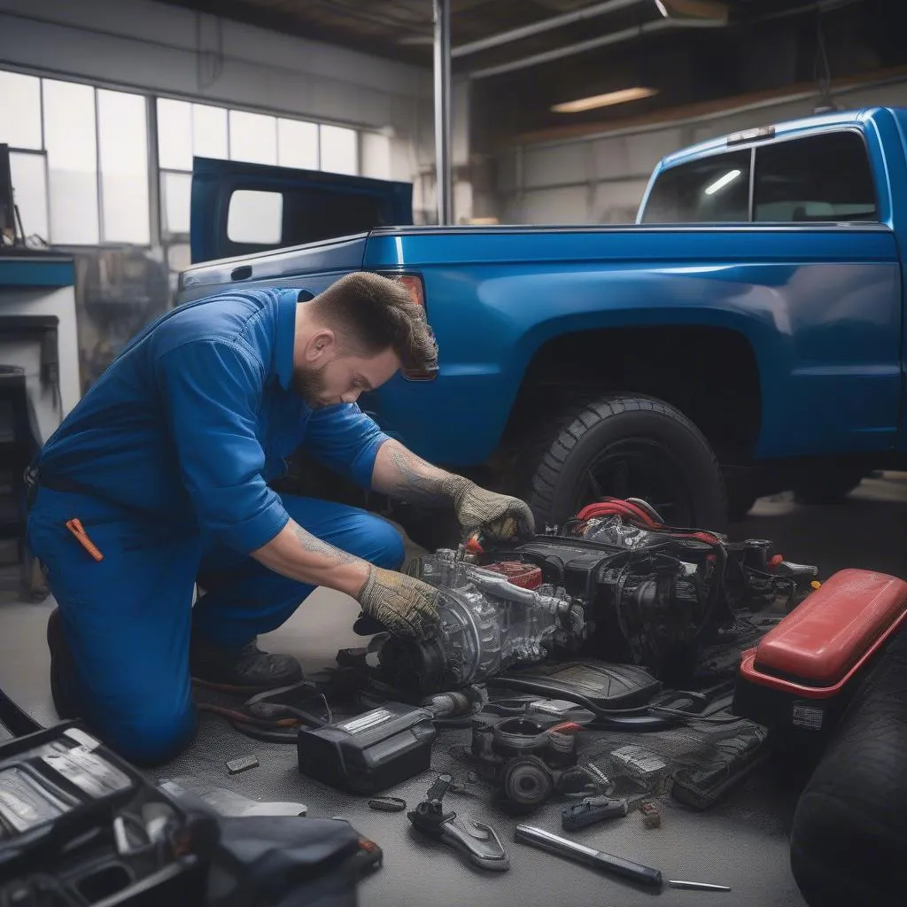 Mechanic Working on Diesel Engine