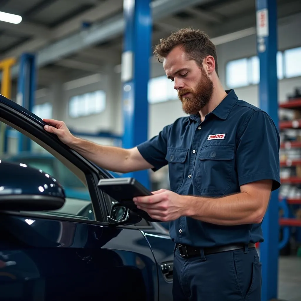 Mechanic using a Matco scan tool on a modern electric car