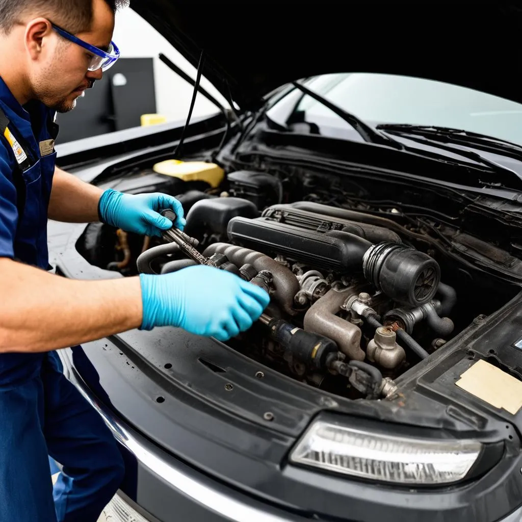 Mechanic Working on Engine