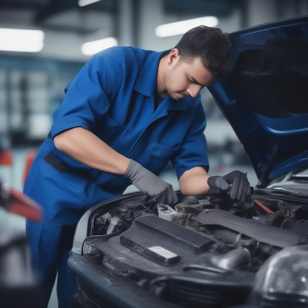 Mechanic Working on Engine