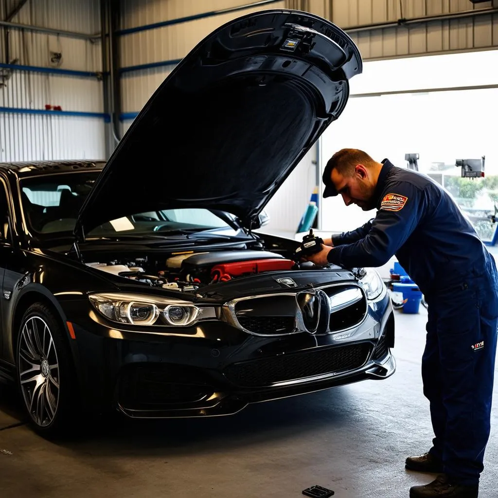 Mechanic Working on a European Car Engine