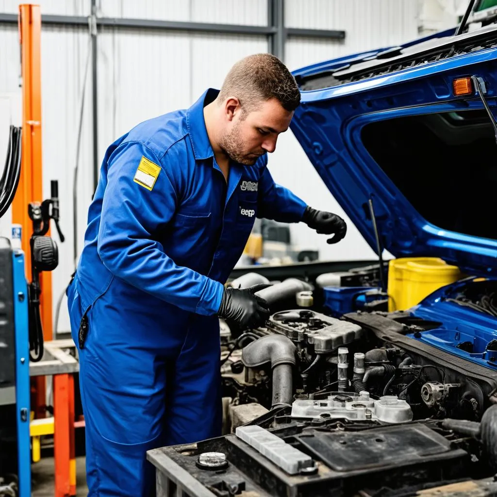 Mechanic repairing the engine of a Jeep Wrangler