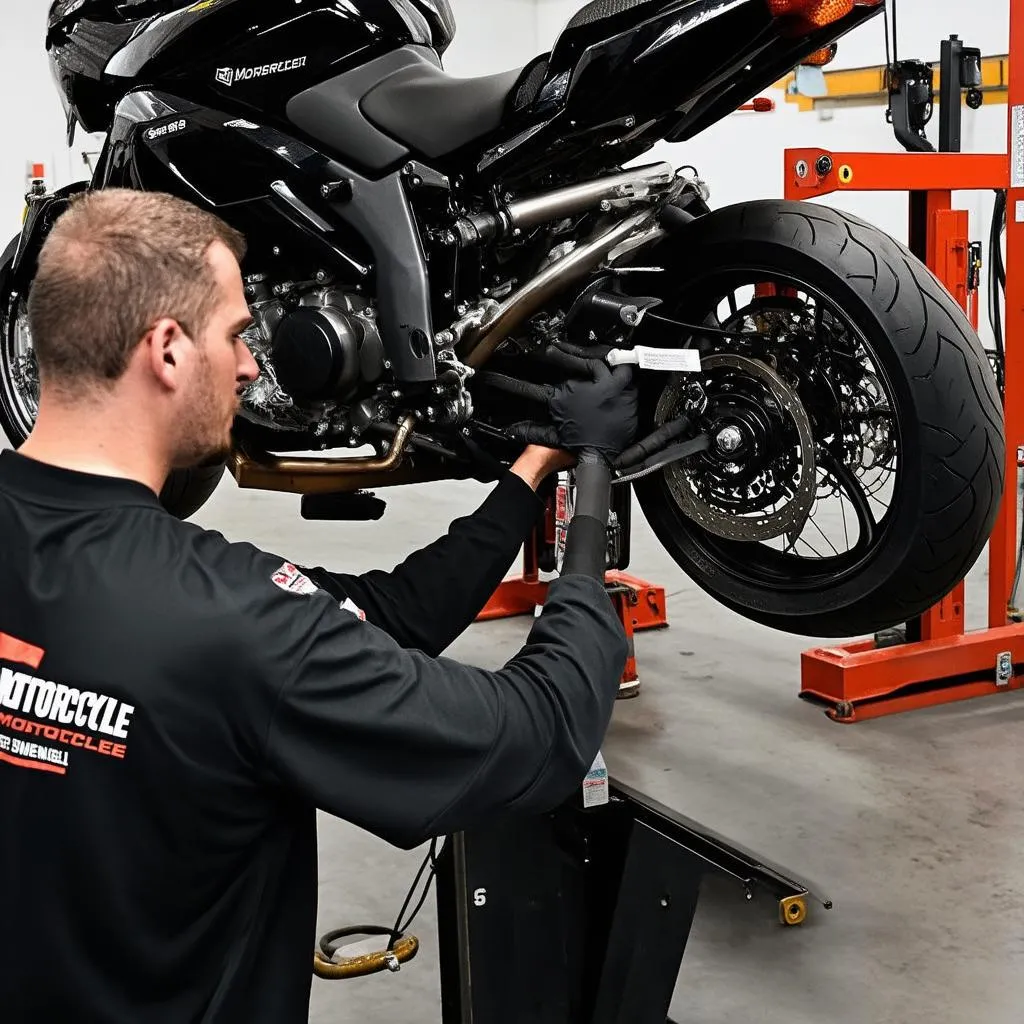 Mechanic working on a motorcycle engine in a garage