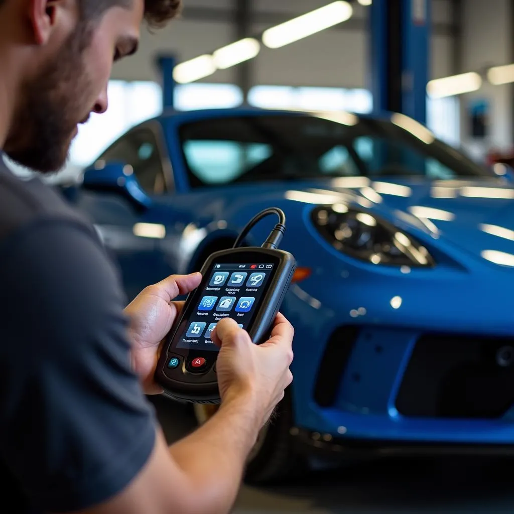 Mechanic using a diagnostic tool on a sports car