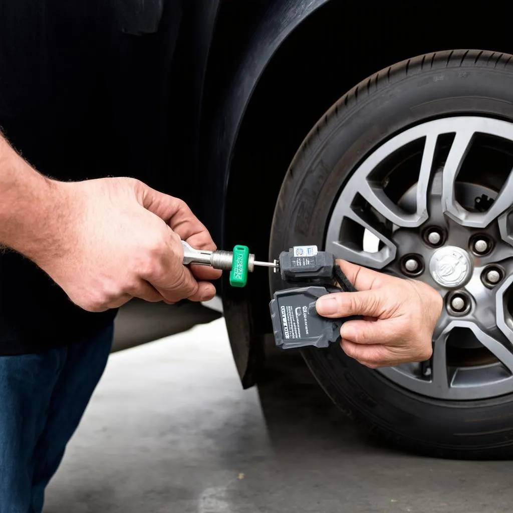 Close-up of mechanic's hands working on a TPMS sensor