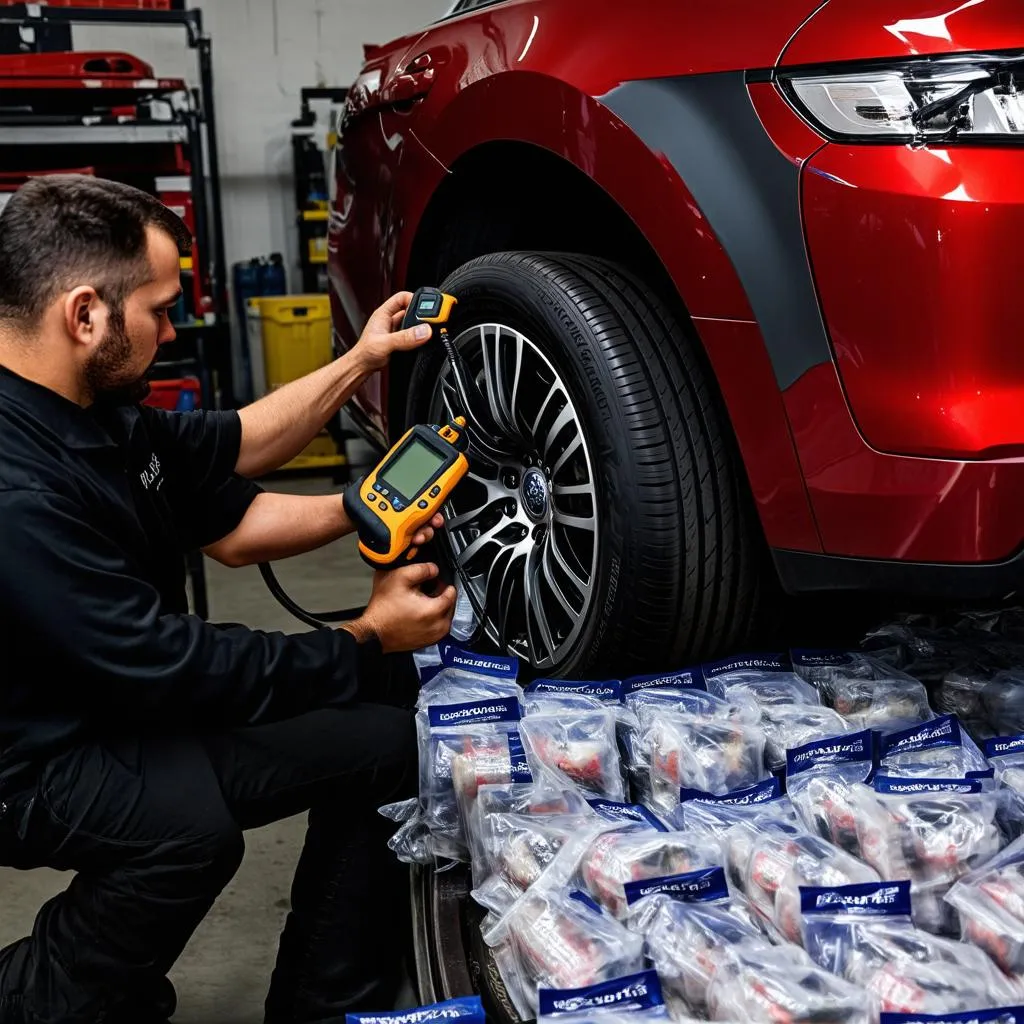 Mechanic Working on TPMS Sensors