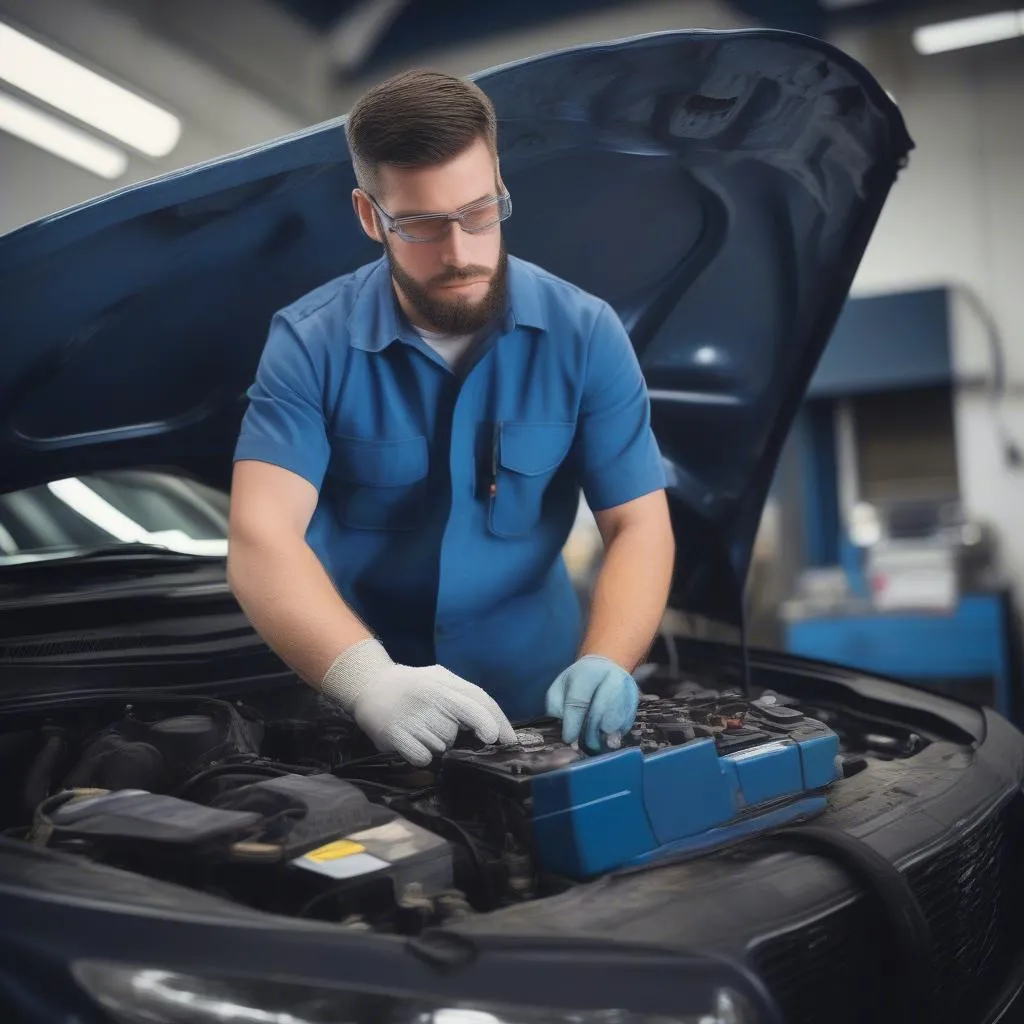 Mechanic working on truck engine with diagnostic tool