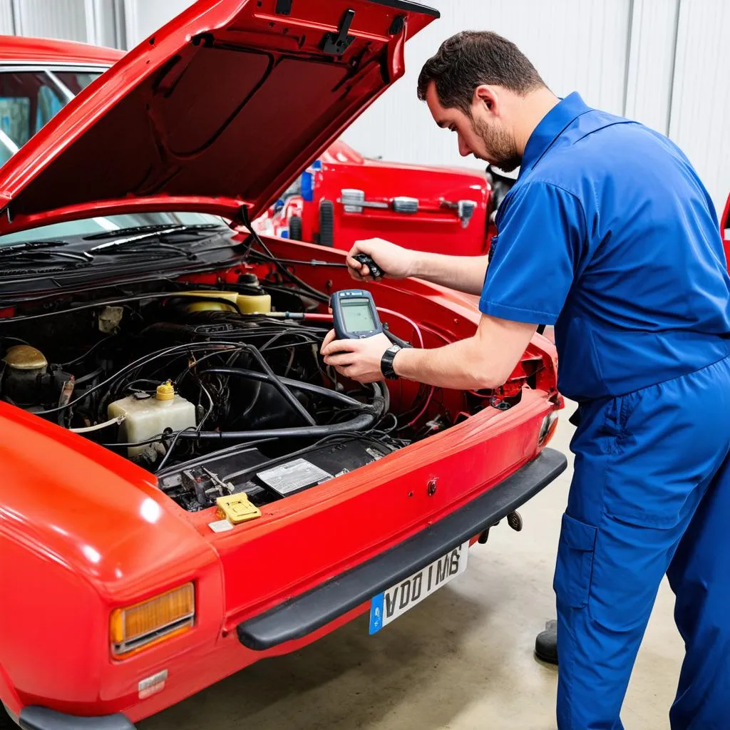 Mechanic working on vintage car electrical system