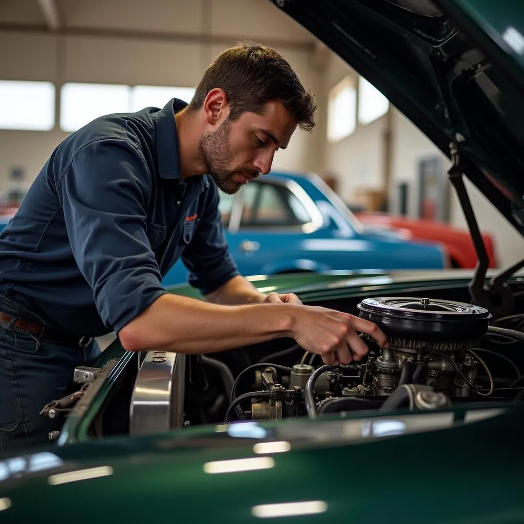 Mechanic Restoring a Vintage Car Engine