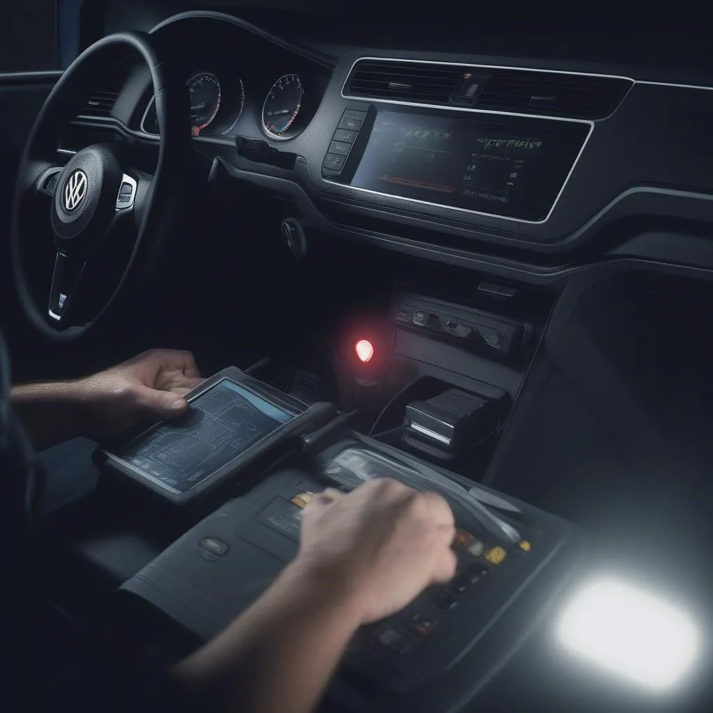 Close-up of mechanic's hands working on a car's electronics