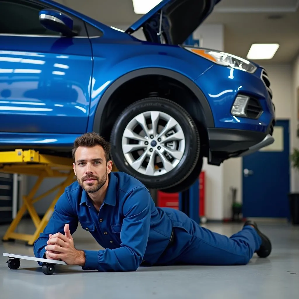 Mechanic Working Under a Car on a Scissor Lift