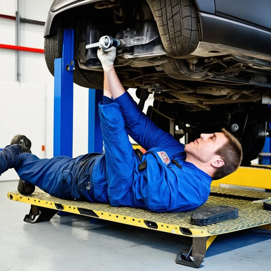 Mechanic working under a car on a lift, using specialized tools for car maintenance.