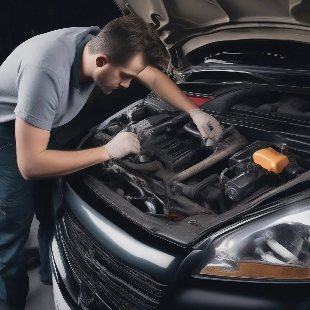 Car mechanic working under the hood of a car