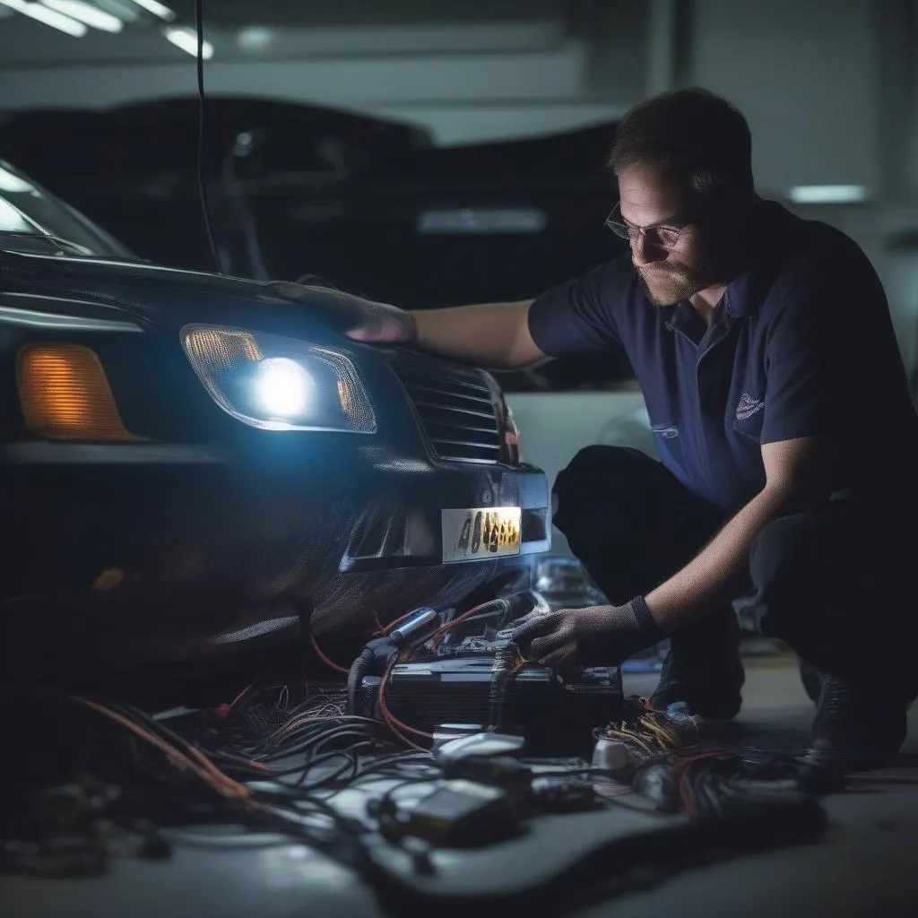 Mechanic Diagnosing Electrical Issues Under Car Dashboard