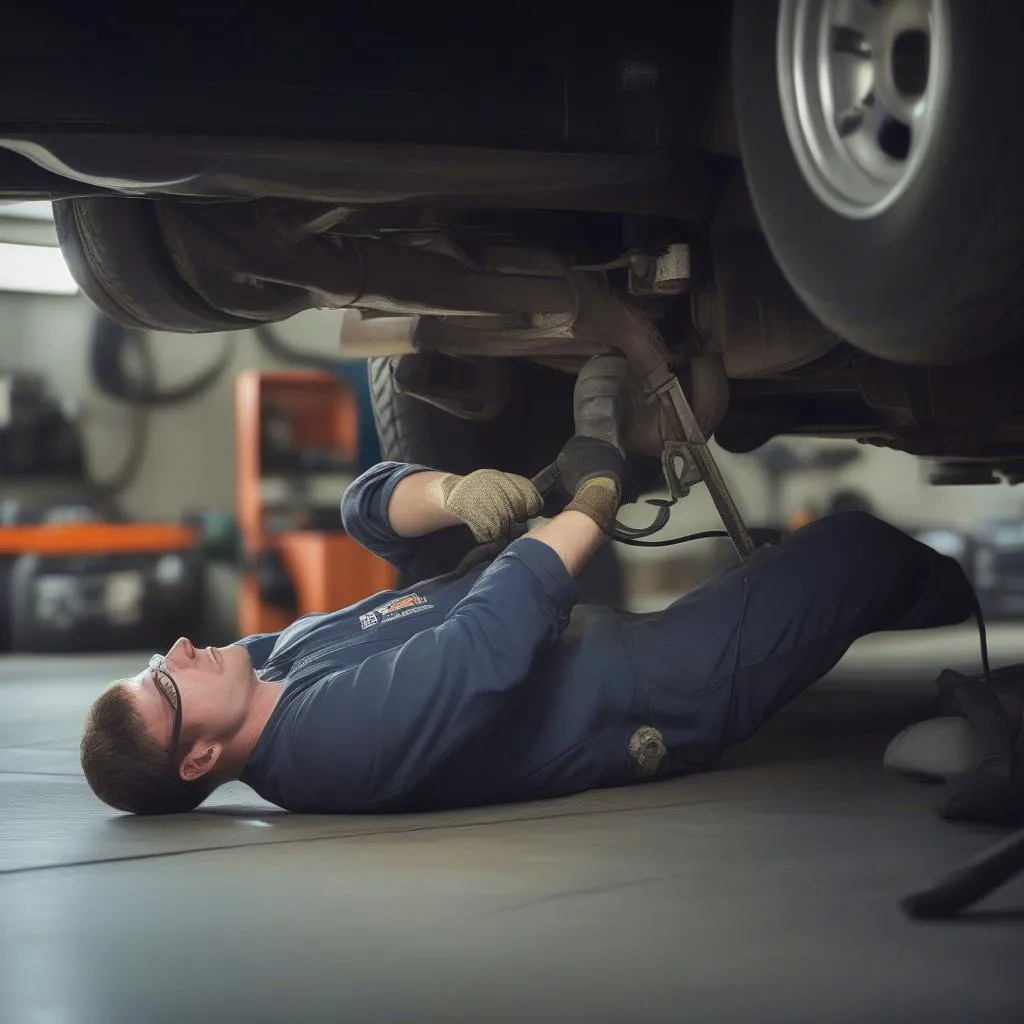 Mechanic working underneath a Freightliner truck