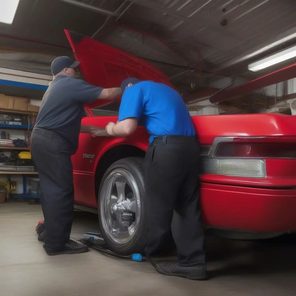 A mechanic with a backwards baseball cap is working underneath the hood of a car in a garage.