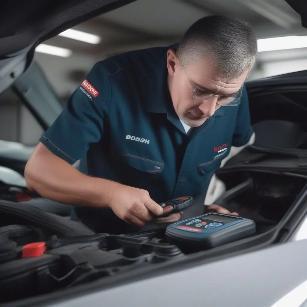 Mechanic using Bosch Scan Tool 1050 TPMS