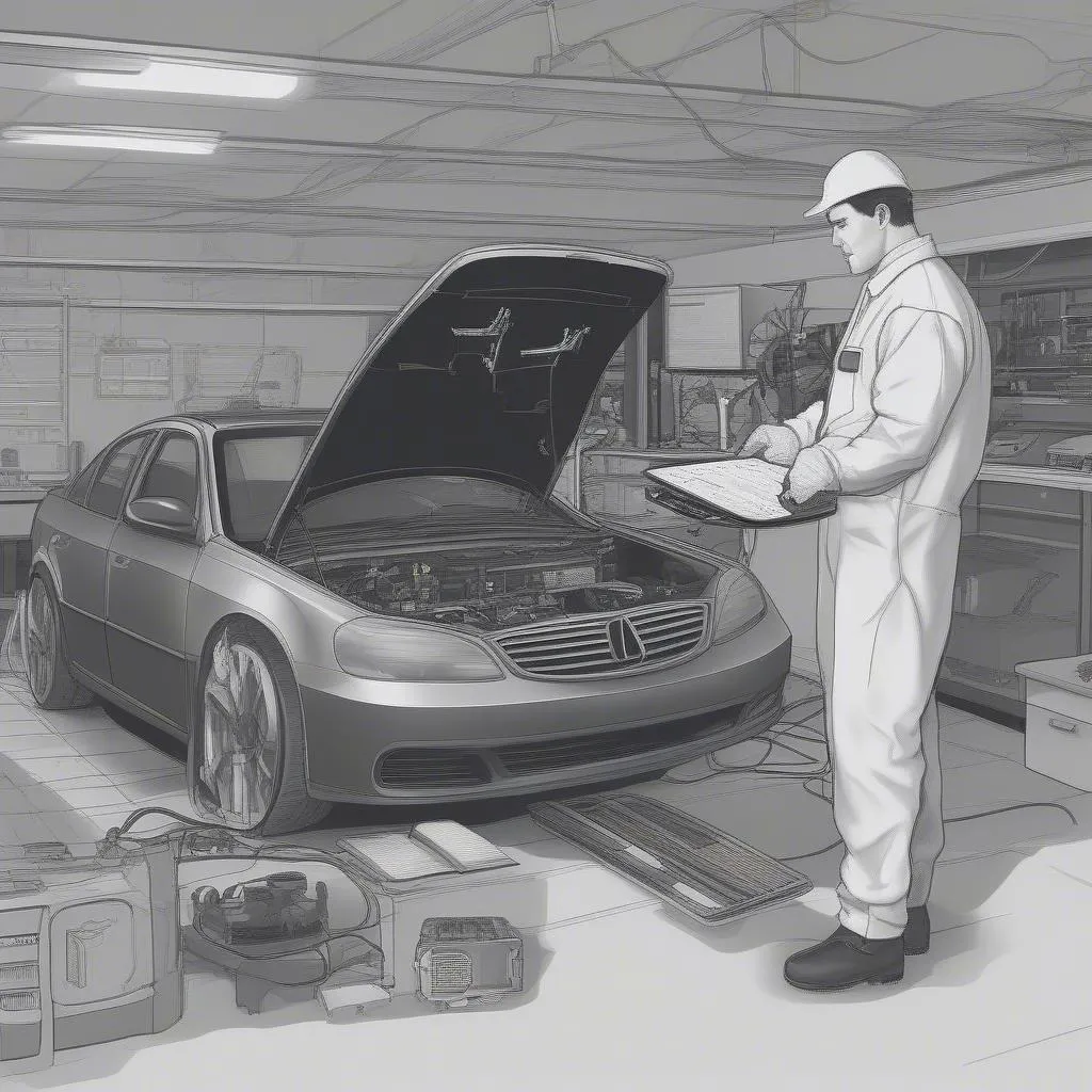 Mechanic diagnosing car