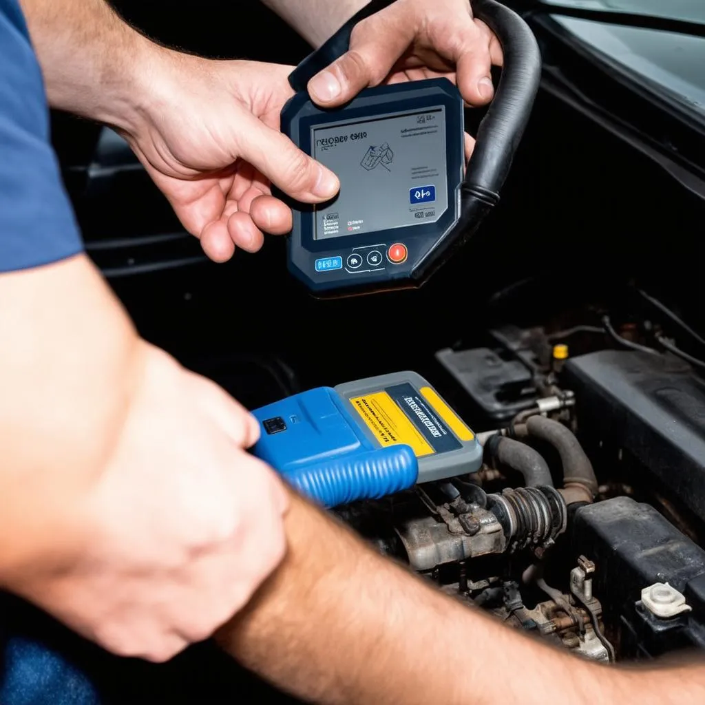 Mechanic using a diagnostic tool