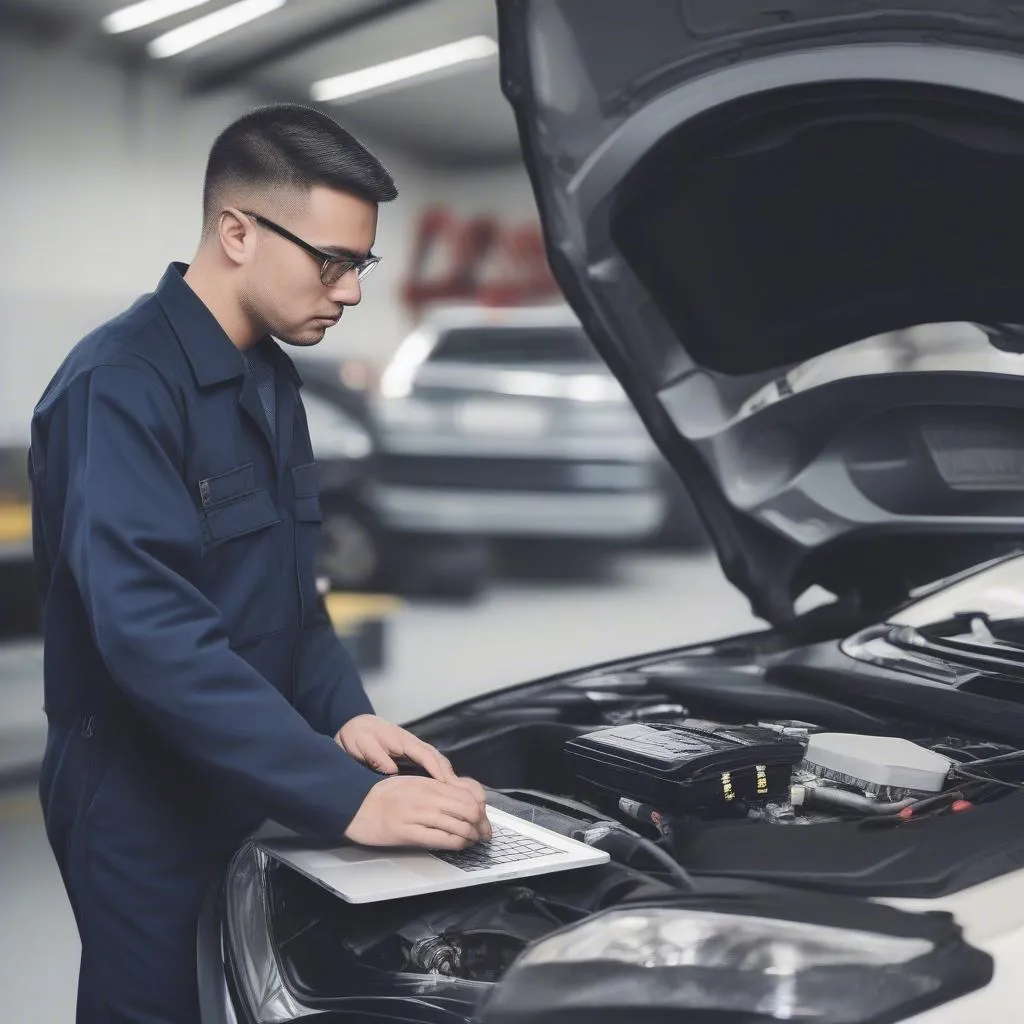 Mechanic Using Laptop for Car Diagnostics