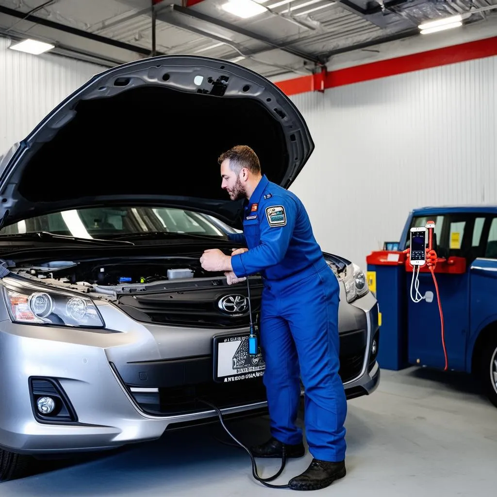 Mechanic using an OBD2 scanner connected to an iPhone