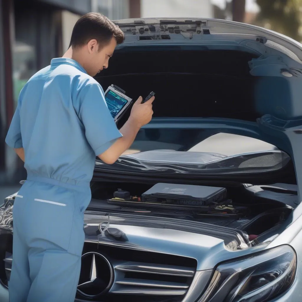 Mechanic Using Scan Tool on a Car in Echo Park