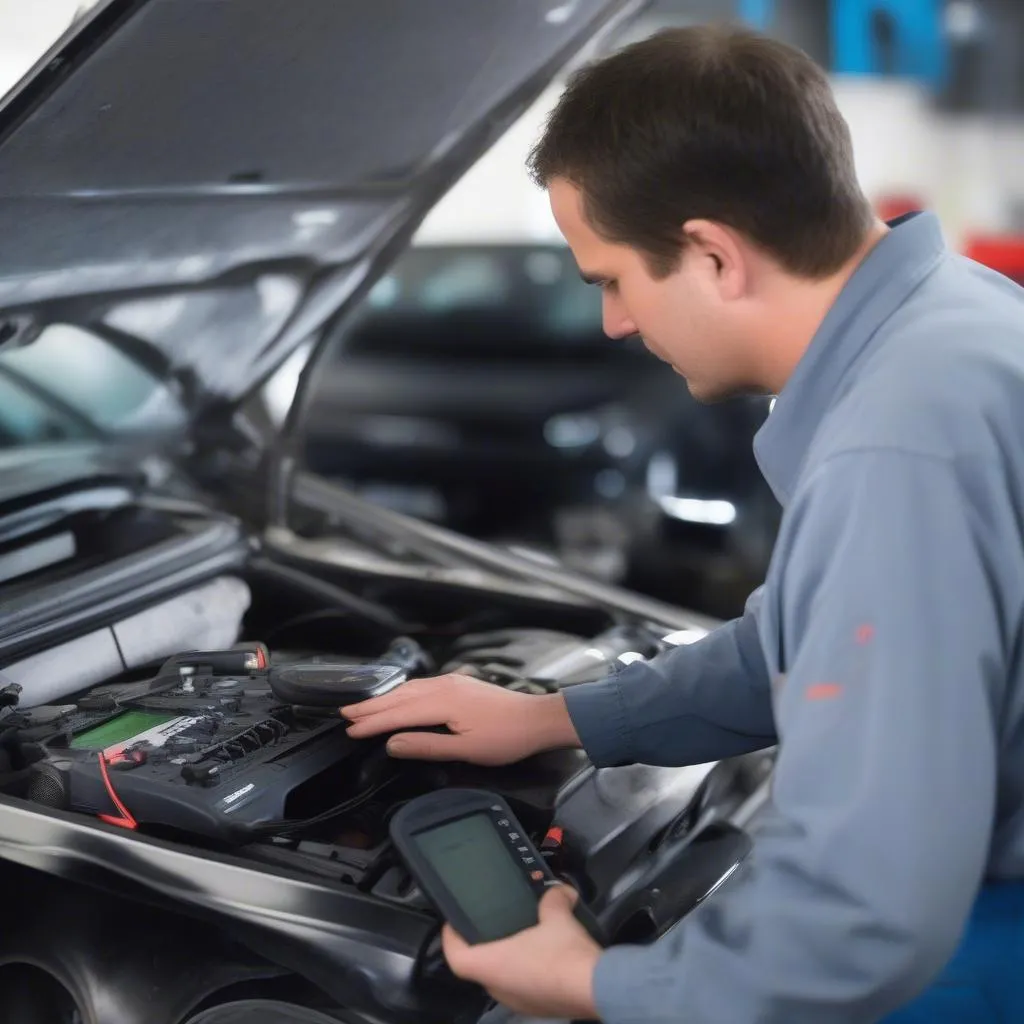 Mechanic using Tech 2 scanner