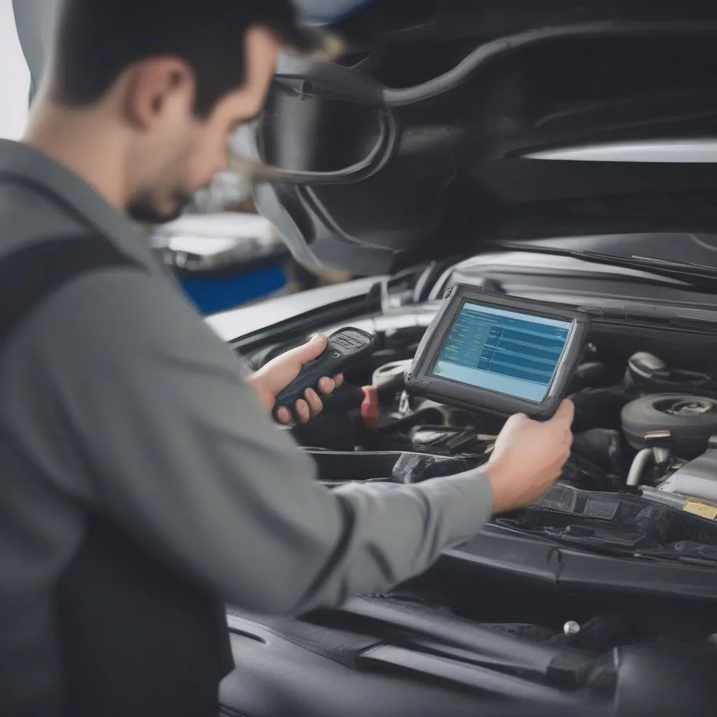 Mechanic using scan tool to diagnose car problem