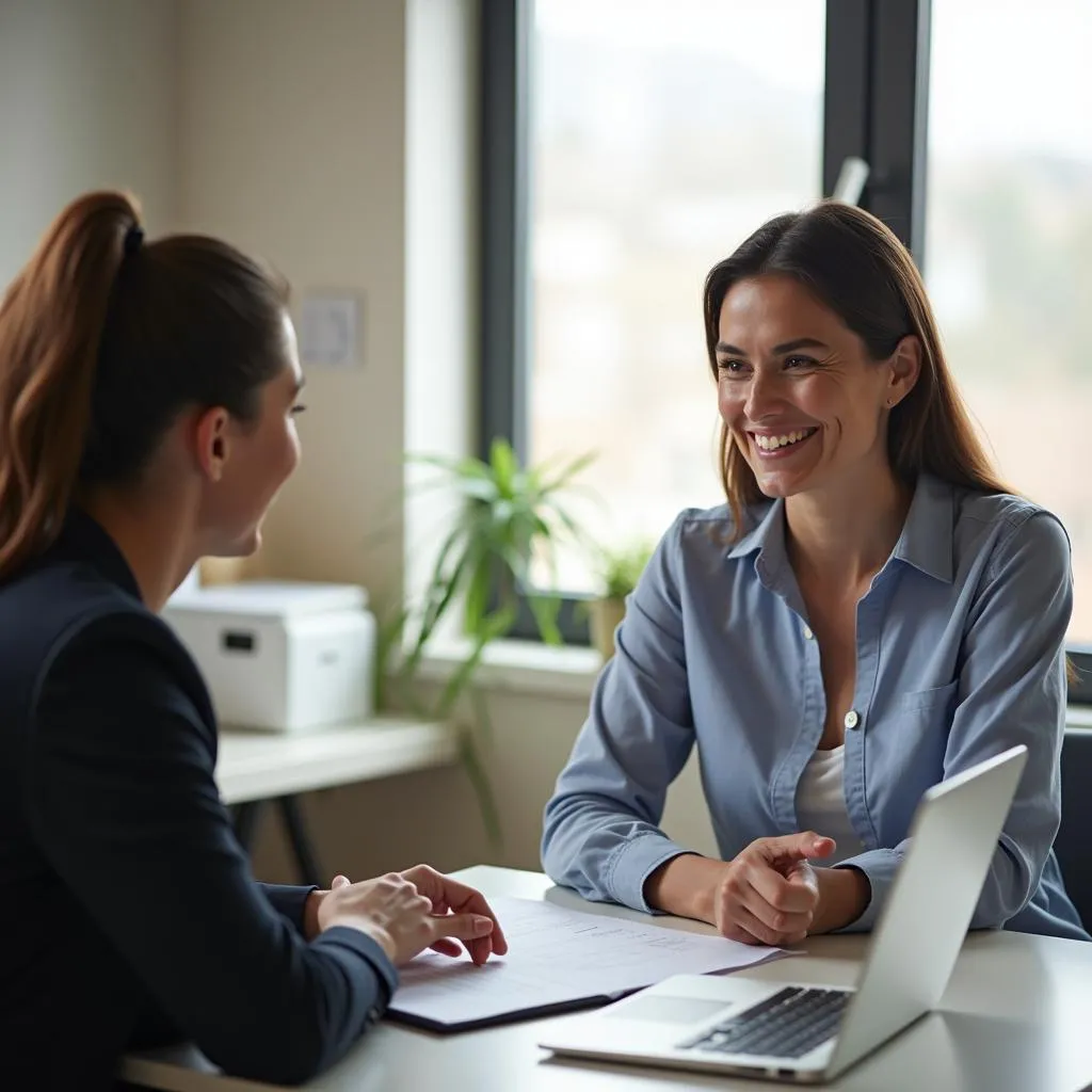 A customer meeting with a local insurance agent to discuss their car insurance options.