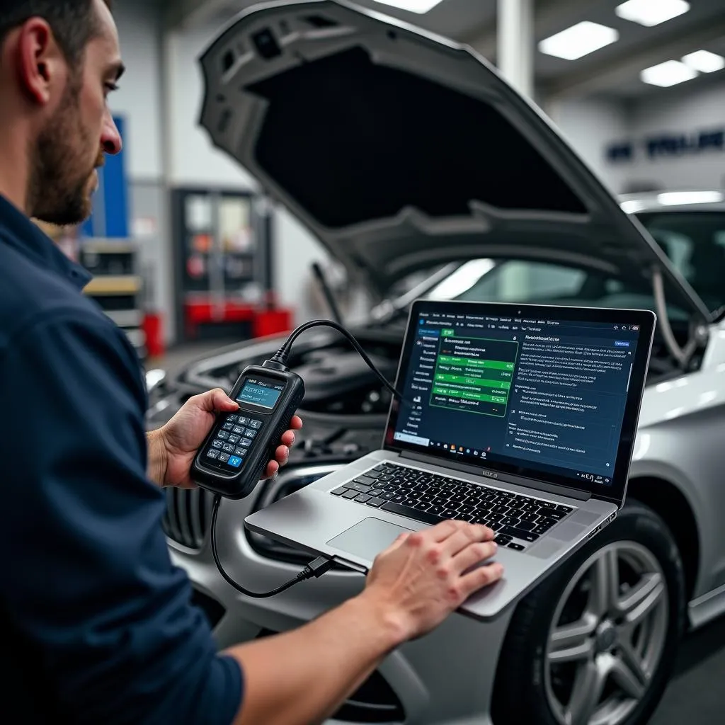 Mechanic using a MEFI scan tool on a European car