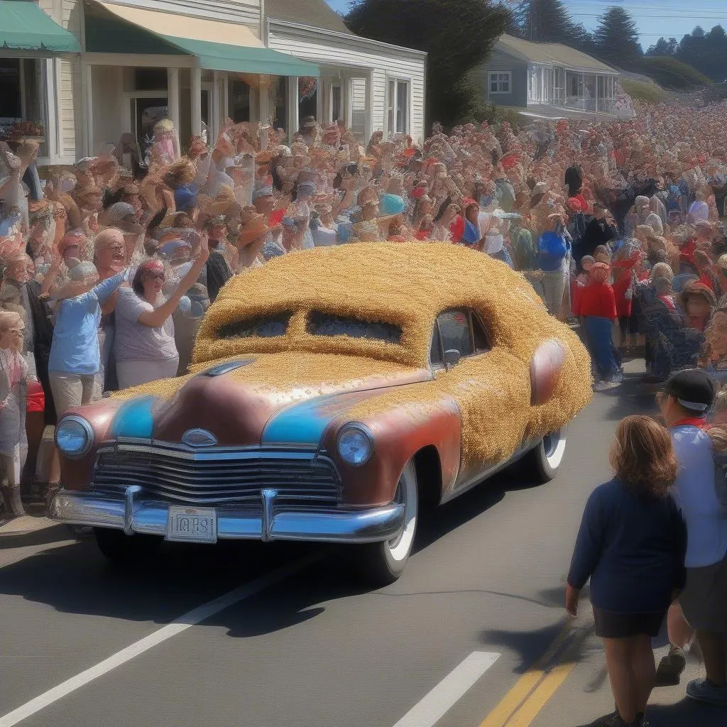 Crowds watching the shell-covered car at the Mendocino Parade