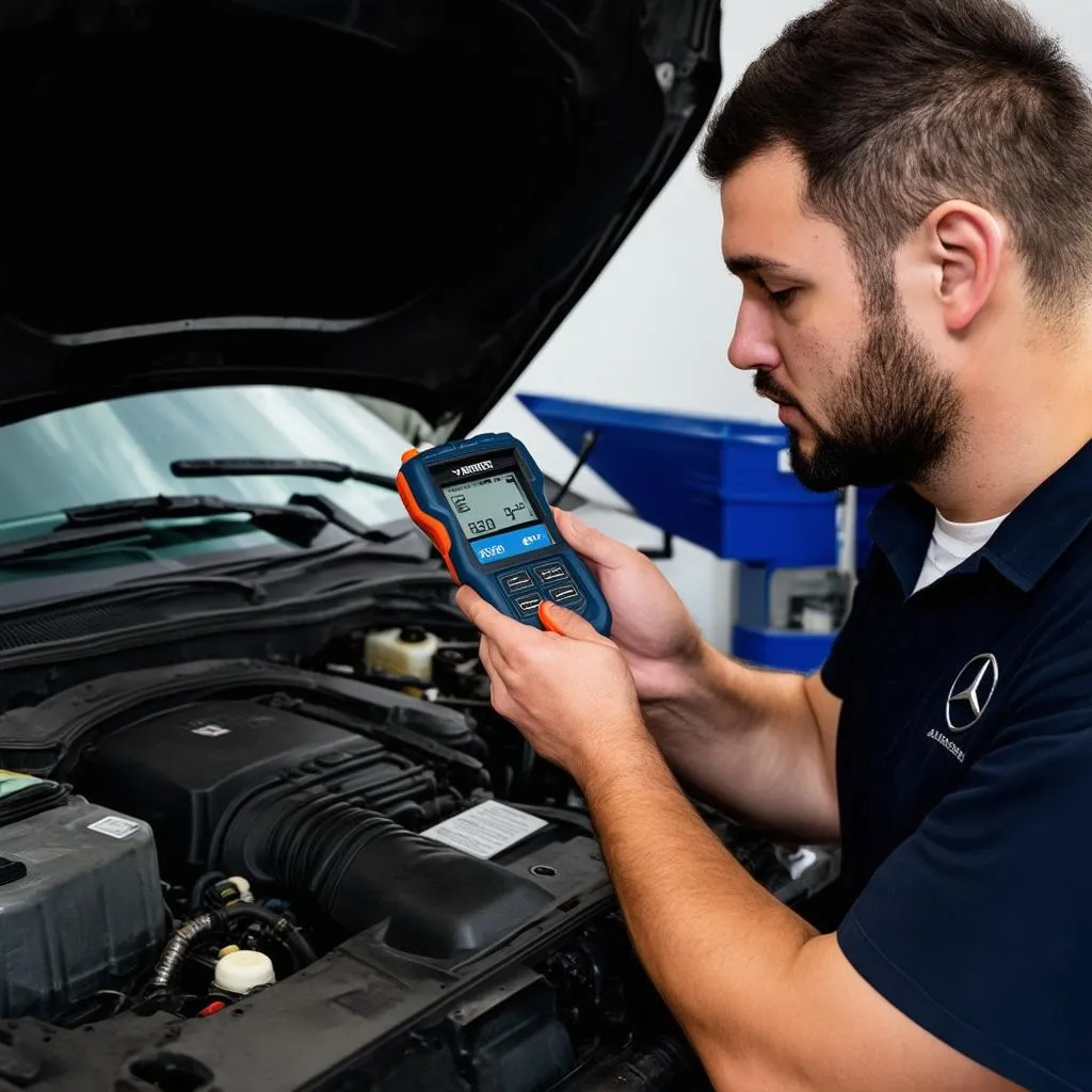 Mercedes-Benz Mechanic Using Diagnostic Tool