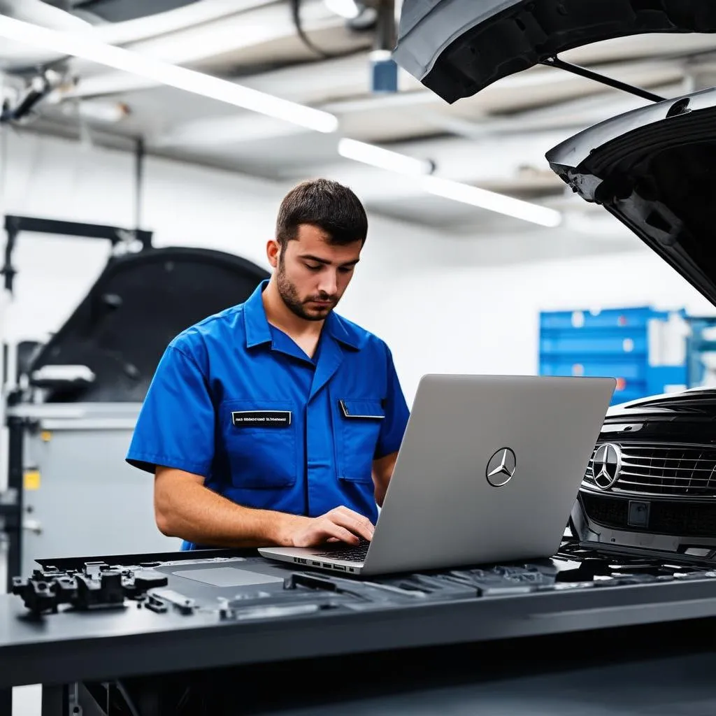 Mercedes-Benz Mechanic Using Laptop