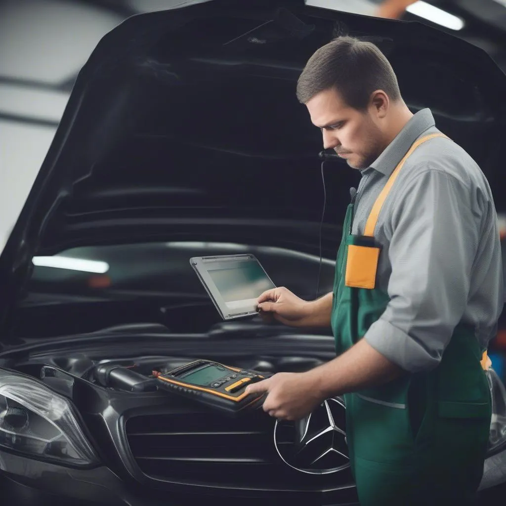 Mercedes Mechanic Using Diagnostic Tool