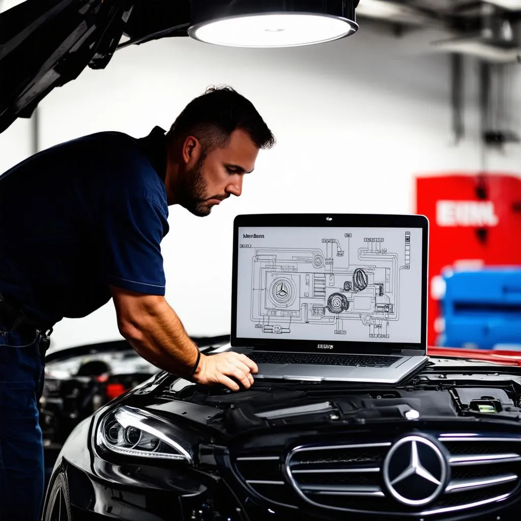 Mercedes Mechanic Using Laptop