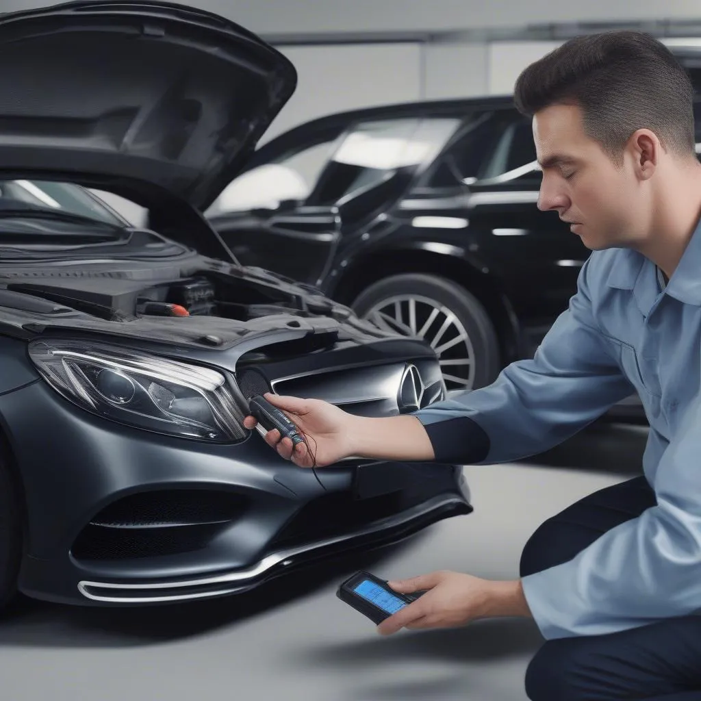 Mechanic using an OBD2 scanner on a Mercedes-Benz