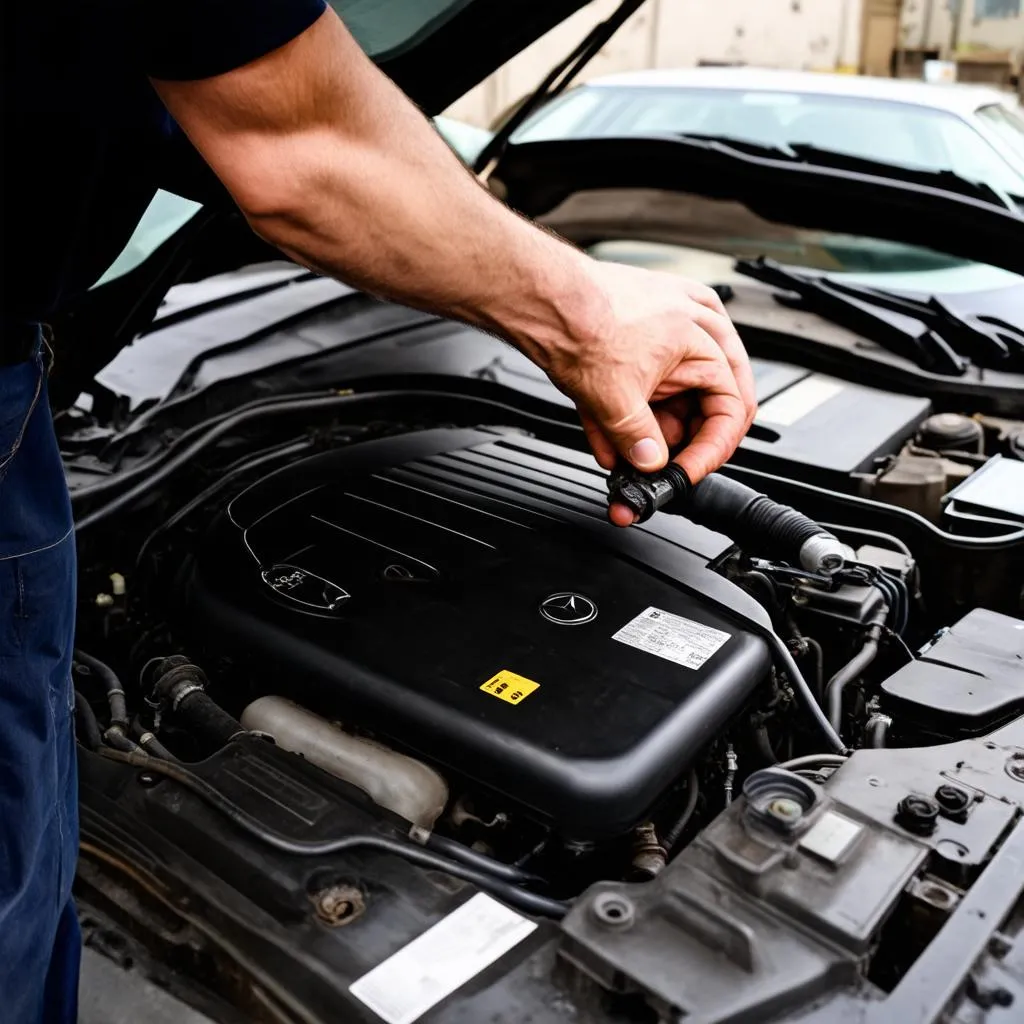 Mechanic working on a Mercedes W220 C220 CDI engine