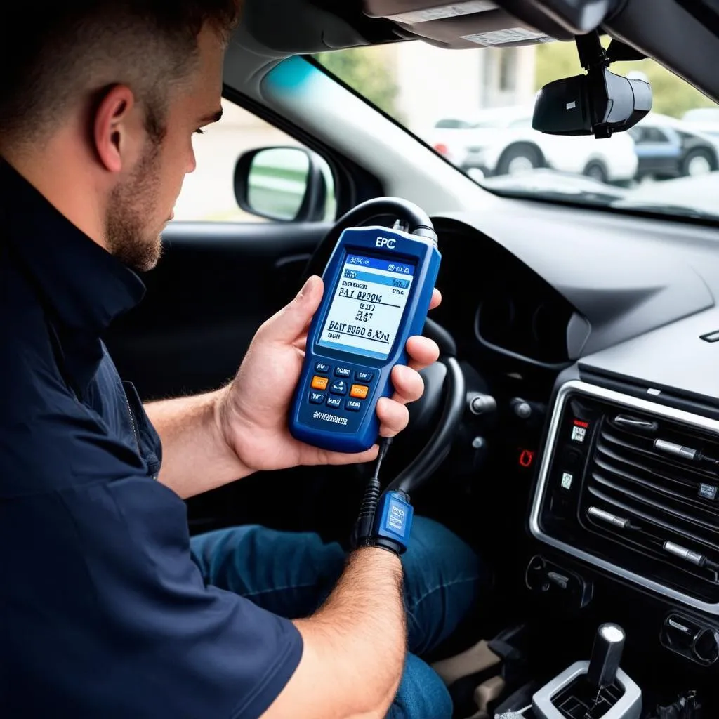 Mechanic using a diagnostic scanner to read fault codes in a Mercedes W202 C220 CDI