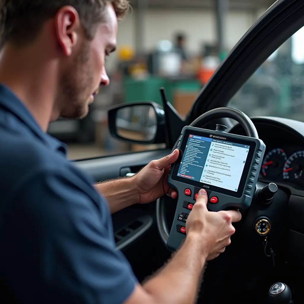 Mechanic using a Mercury EFI scan tool for diagnostics