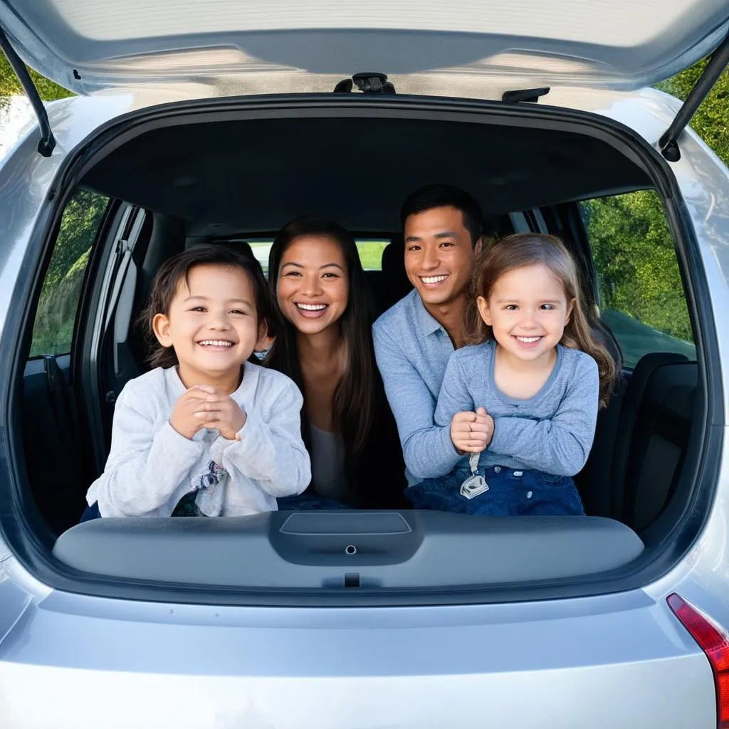 Family sitting in a midsize sedan